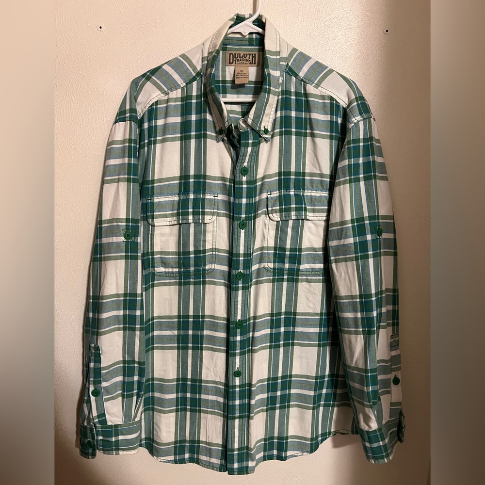 DULUTH TRADING Classic Midweight Plaid Button Down Shirt Green White Men's Sz XL